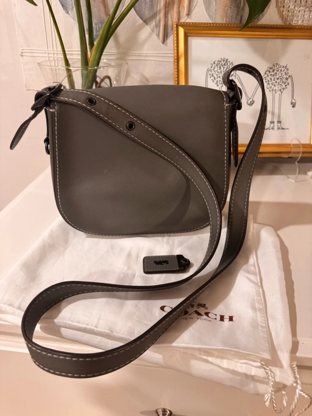 Coach Gray Leather Saddle Crossbody Bag with White Stitching - Picture 13 of 16